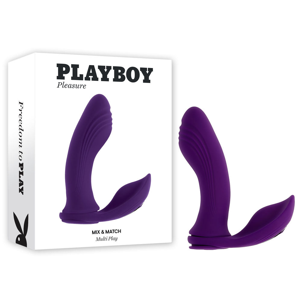 Playboy Pleasure MIX & MATCH USB rechargeable vibrating C-ring alongside its box for pleasure and fun.