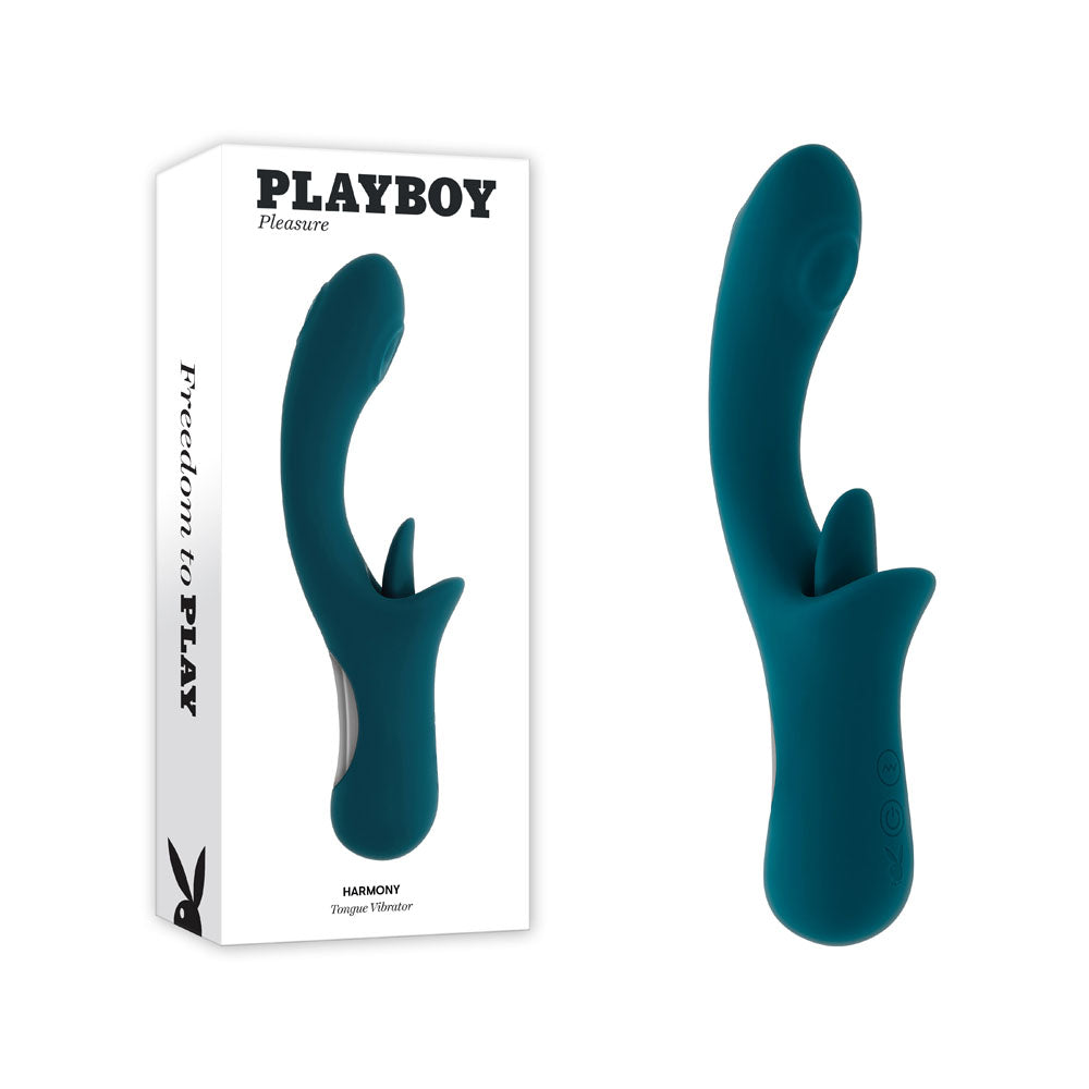 Playboy Pleasure HARMONY -  22.9 cm USB Rechargeable Vibrator with Clitoral Flicker in teal packaging and design.