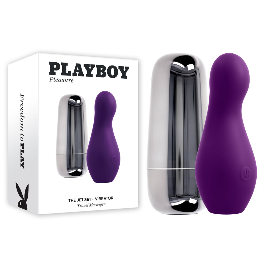 Playboy Pleasure THE JET SET - VIBRATOR - 10.2 cm Vibrator with Self Charging Case next to its stylish packaging.