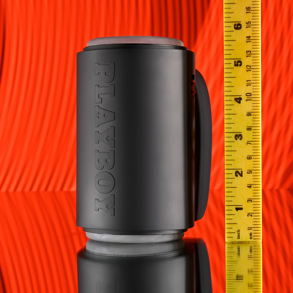 Playboy Pleasure COME ALONG - USB Rechargeable Vibrating Stroker showcasing its sleek design and grip-friendly canister.