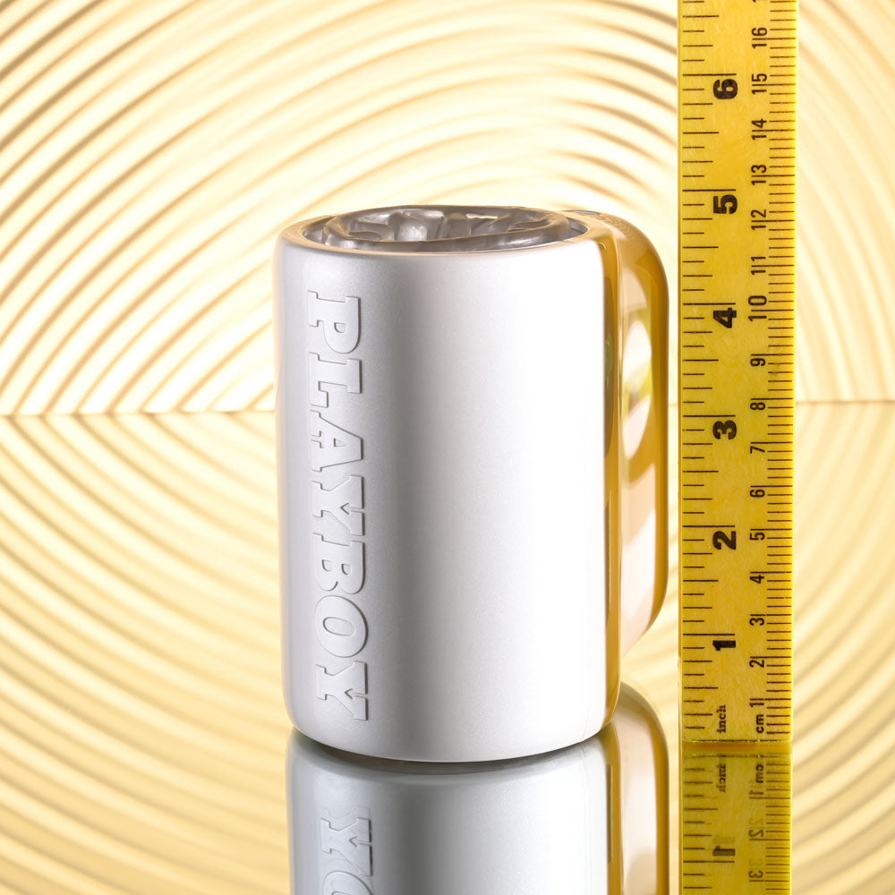 Playboy Pleasure SPIN DOCTOR -  USB Rechargeable Vibrating & Spinning Stroker displayed next to a ruler for size reference.