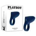 Playboy Pleasure Point USB rechargeable vibrating cock ring in blue packaging and product detail.