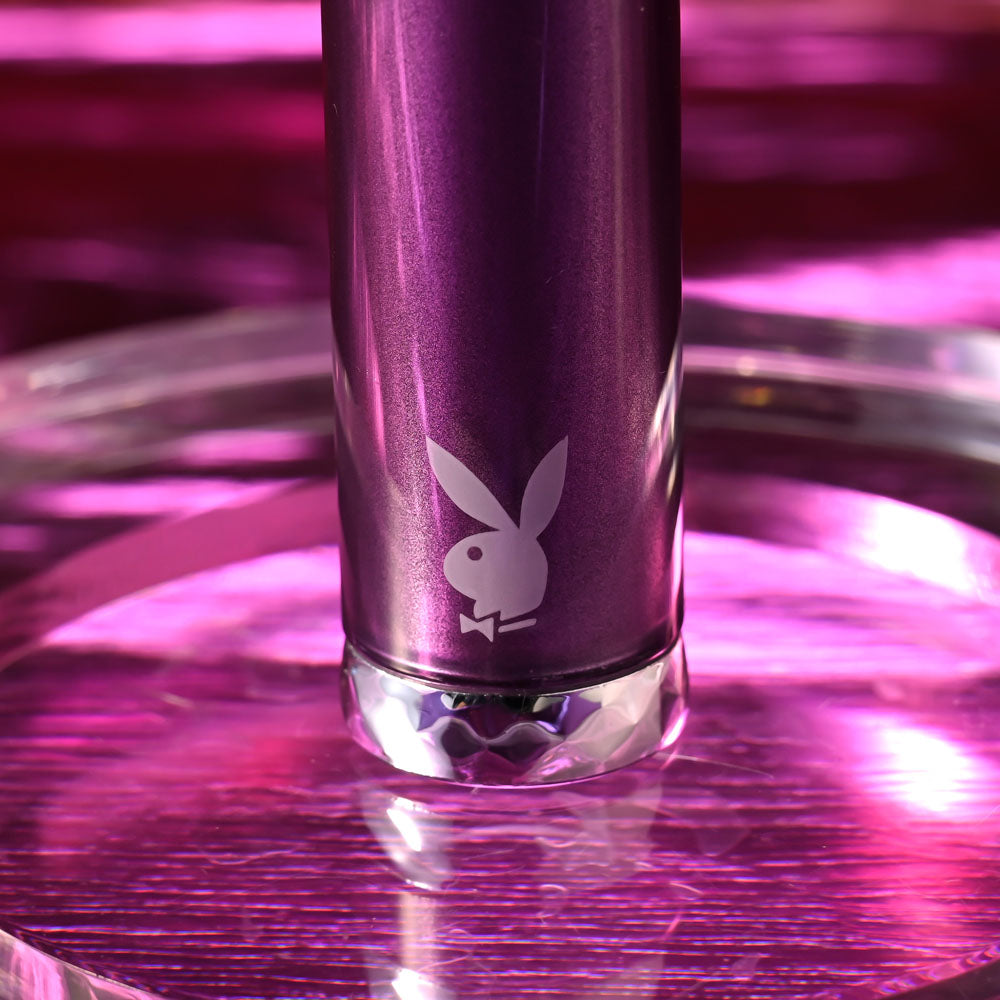 Playboy Pleasure AMETHYST - 12.4 cm USB Rechargeable Glass Tipped Mini Vibrator close-up with iconic Playboy bunny logo