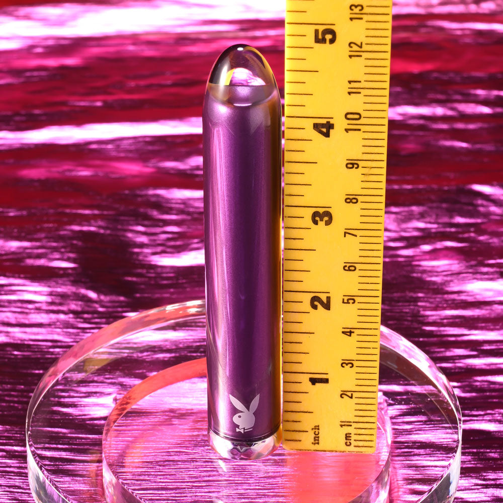 Playboy Pleasure AMETHYST - 12.4 cm USB Rechargeable Glass Tipped Mini Vibrator with ruler for size reference.