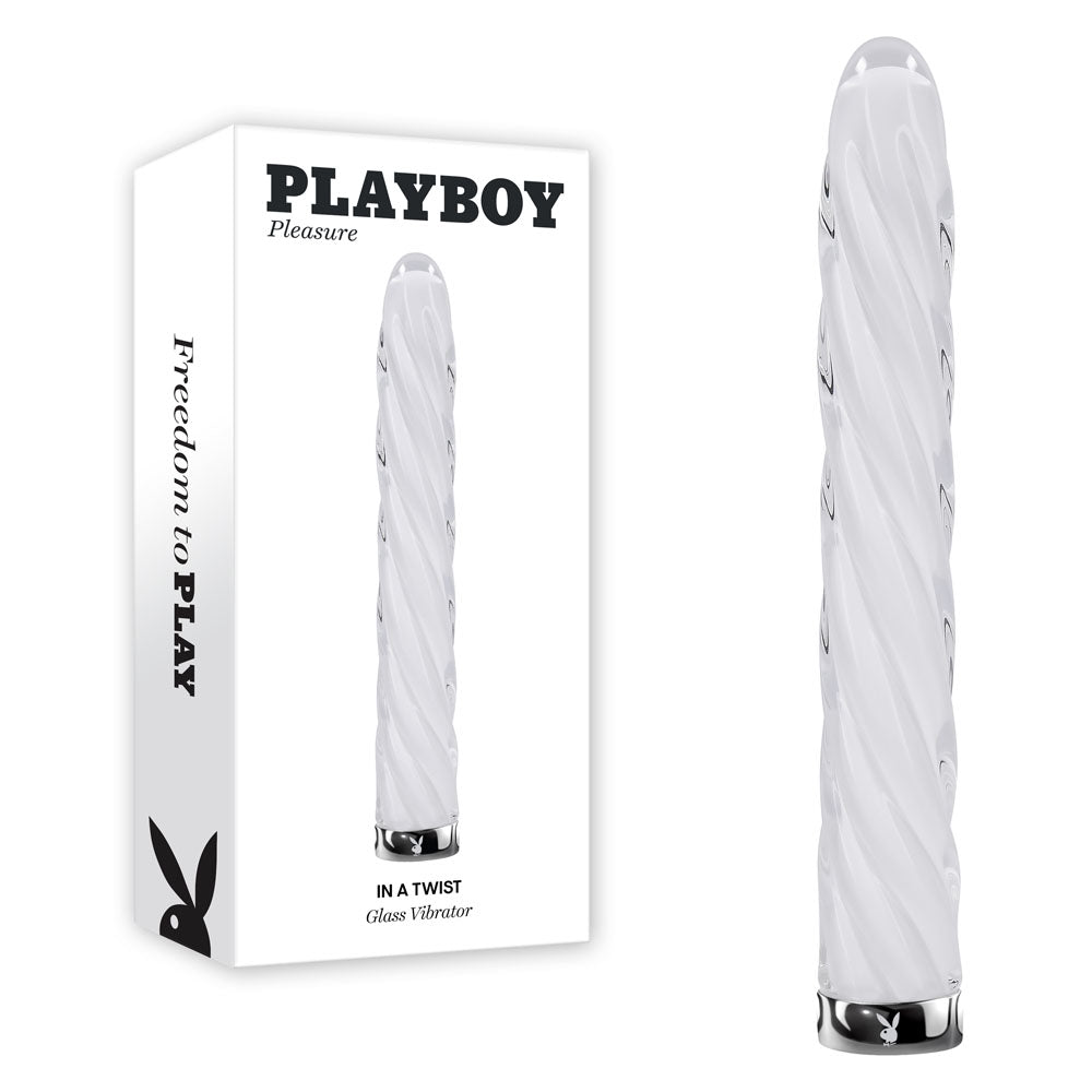 Playboy Pleasure IN A TWIST - Glass 17.5 cm USB Rechargeable Vibrator in elegant packaging with unique spiral design.