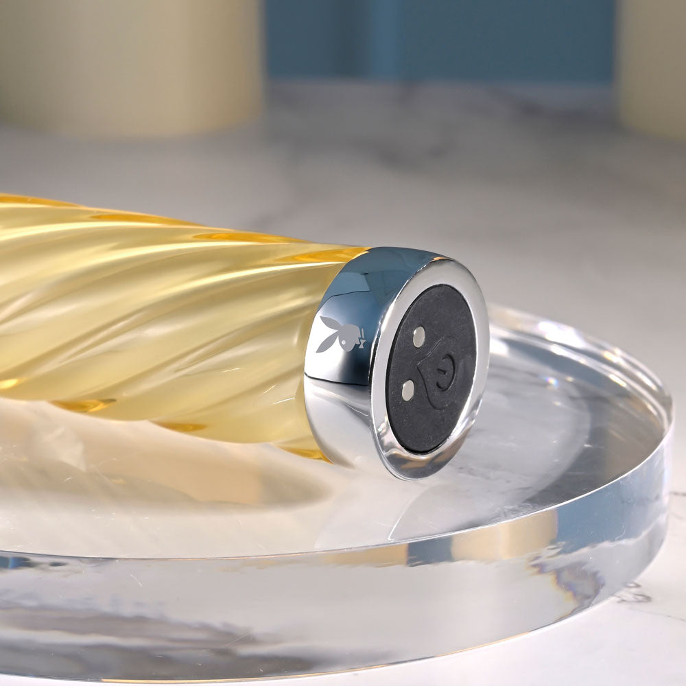 Playboy Pleasure TWIST OF FATE - Glass 17.5 cm USB Rechargeable Vibrator with hypnotic twirling spirals.