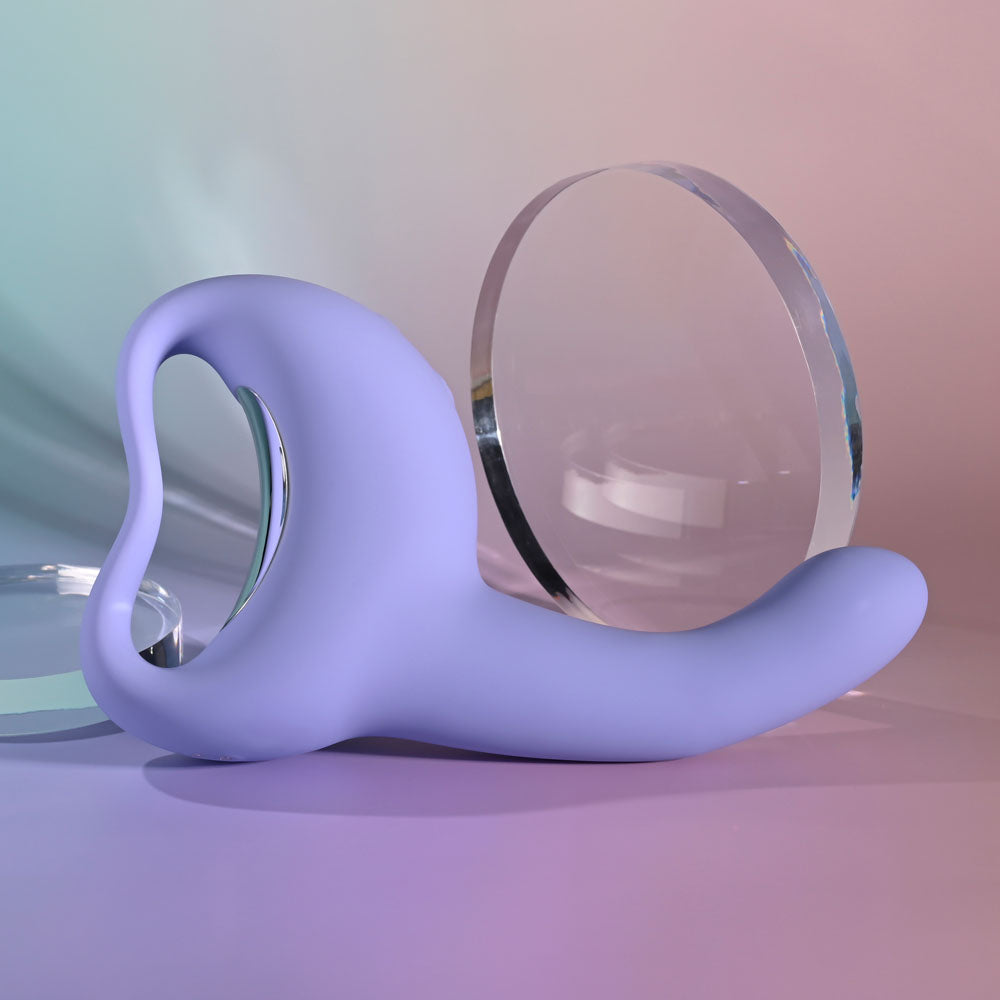 Playboy Pleasure NICE TO MEET YOU -  19.5 cm USB Rechargeable Vibrator resting next to glass spheres on a gradient background.