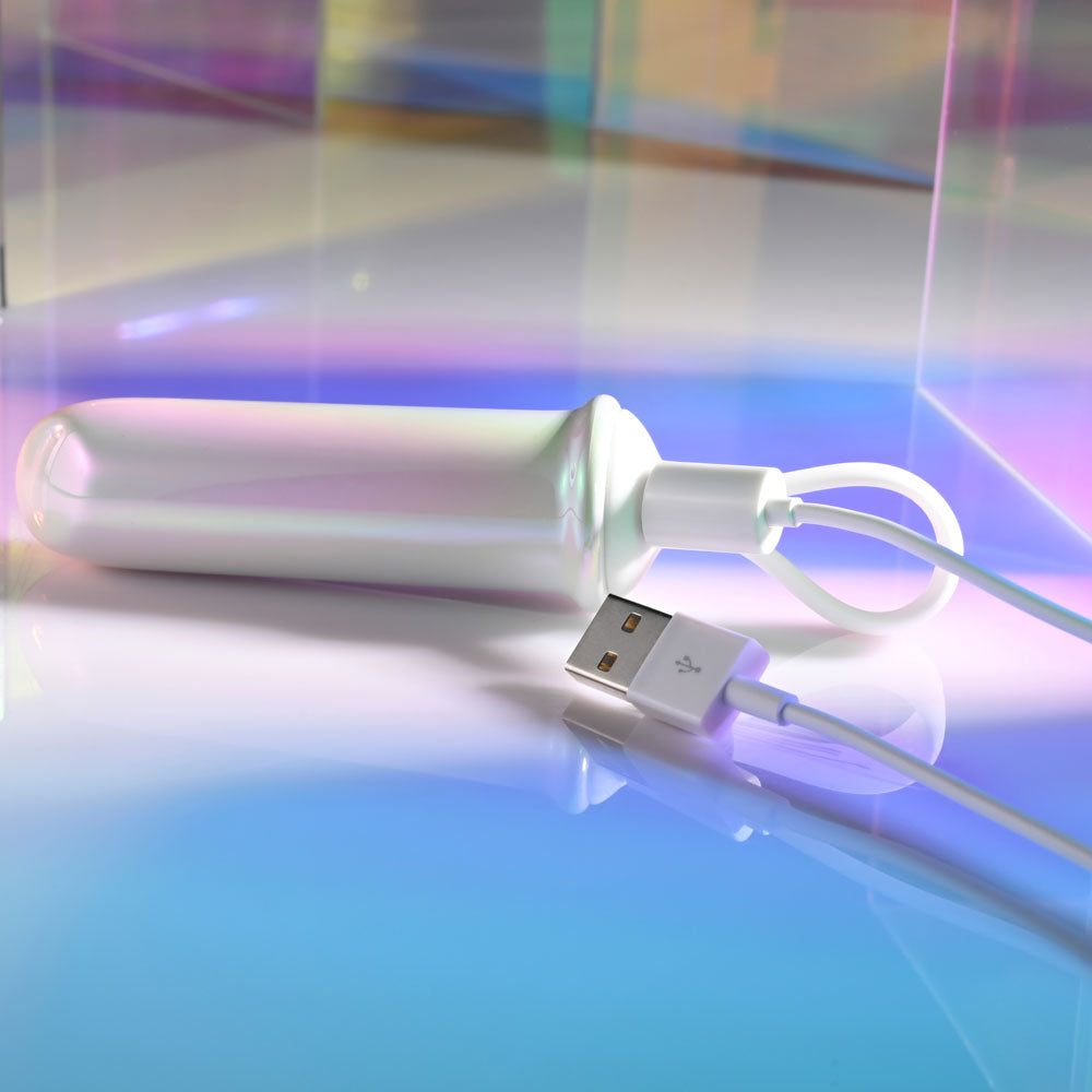 Playboy Pleasure ORGASMIC FANTASY - USB Rechargeable 13.5 cm Bullet with charging cable on a colorful background.