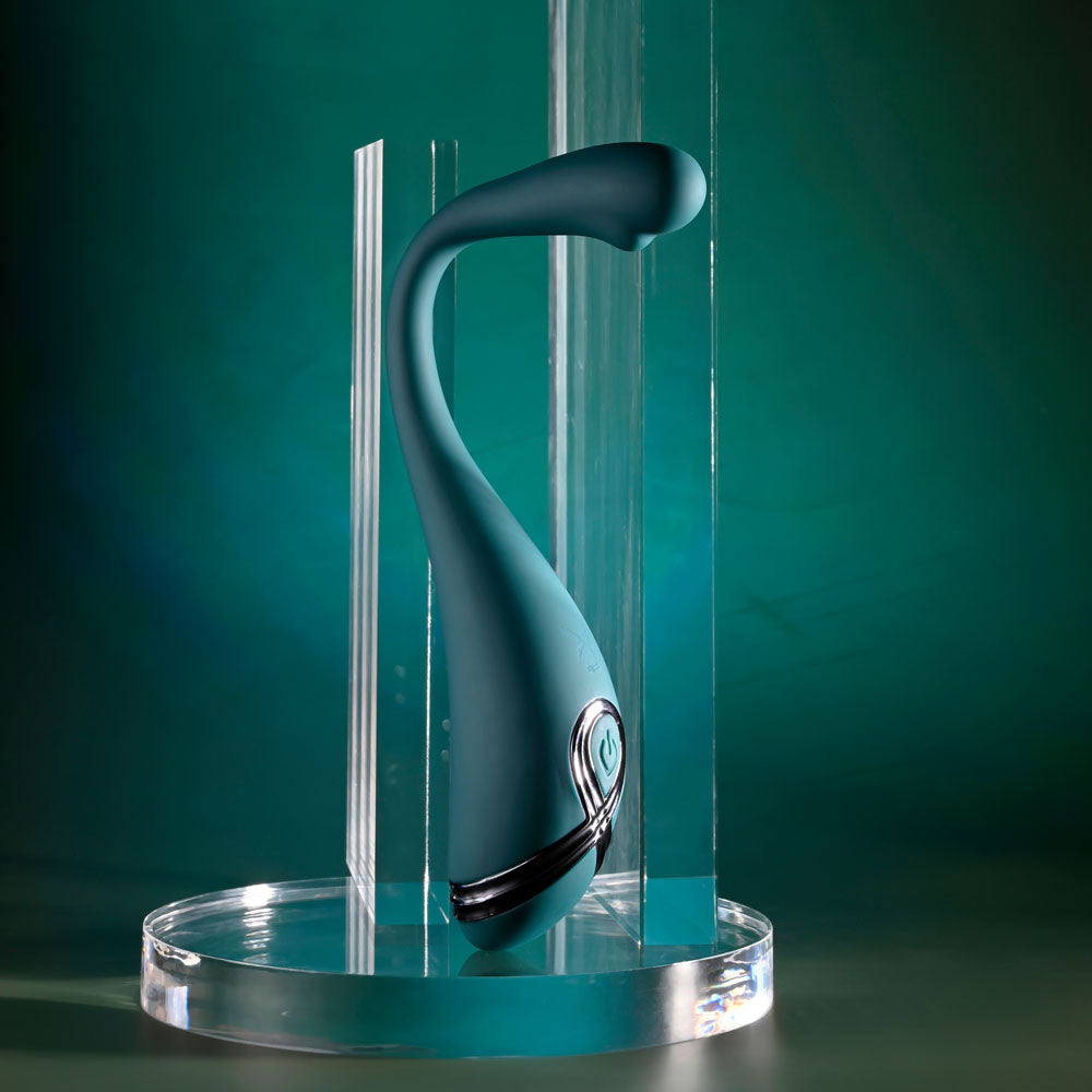 Playboy Pleasure PINPOINT PERFECTION - 19.3 cm USB Rechargeable Poseable Vibrator displayed against a teal background.