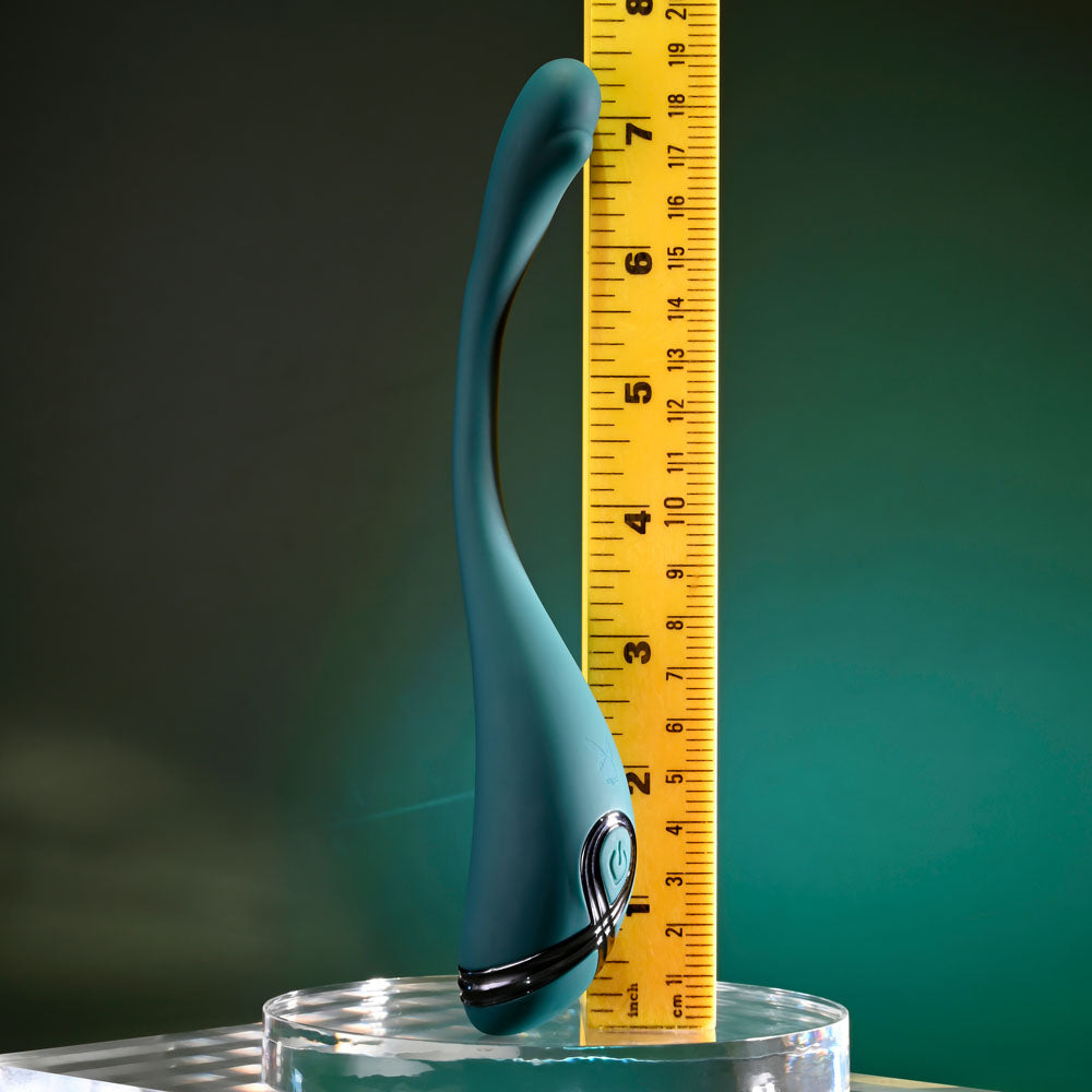 Playboy Pleasure PINPOINT PERFECTION - 19.3 cm USB Rechargeable Poseable Vibrator next to a ruler for size reference.