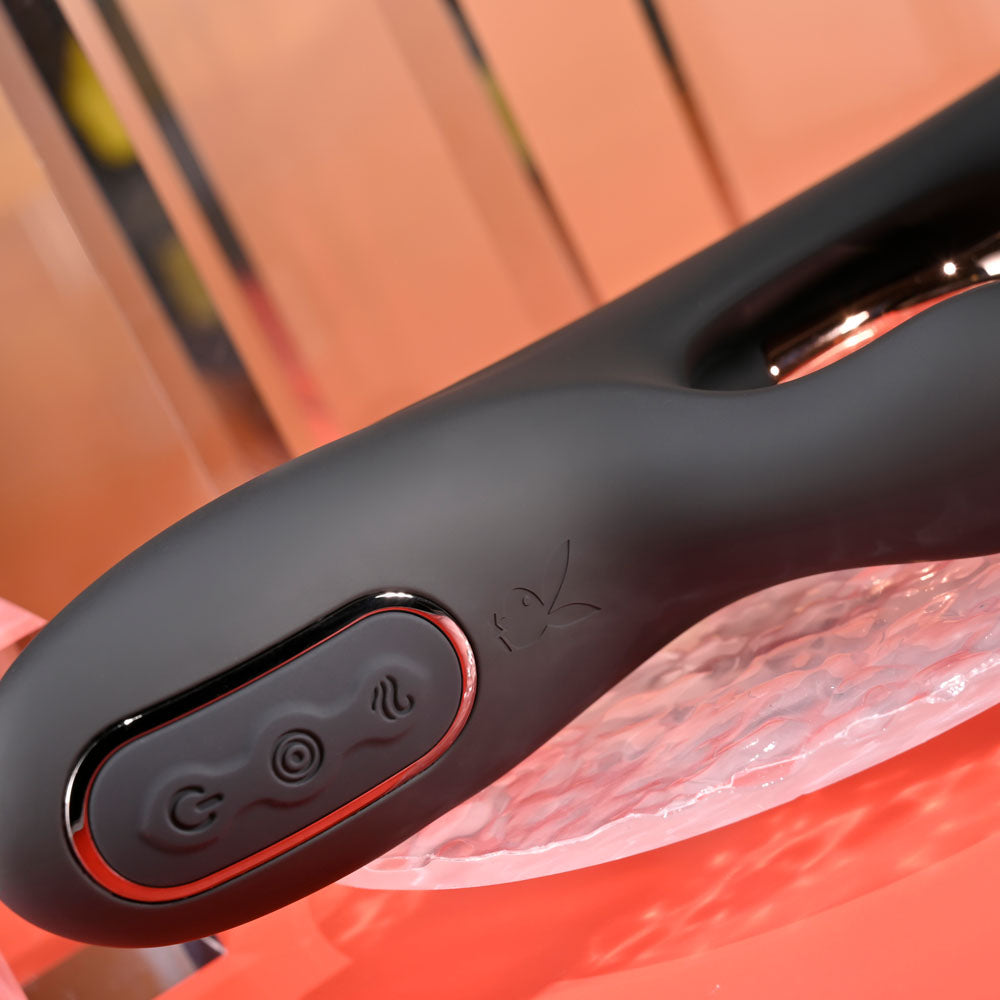 Playboy Pleasure AUREUS - 22.7 cm USB Rechargeable Rabbit Vibrator with Internal Flicker close-up on control panel.