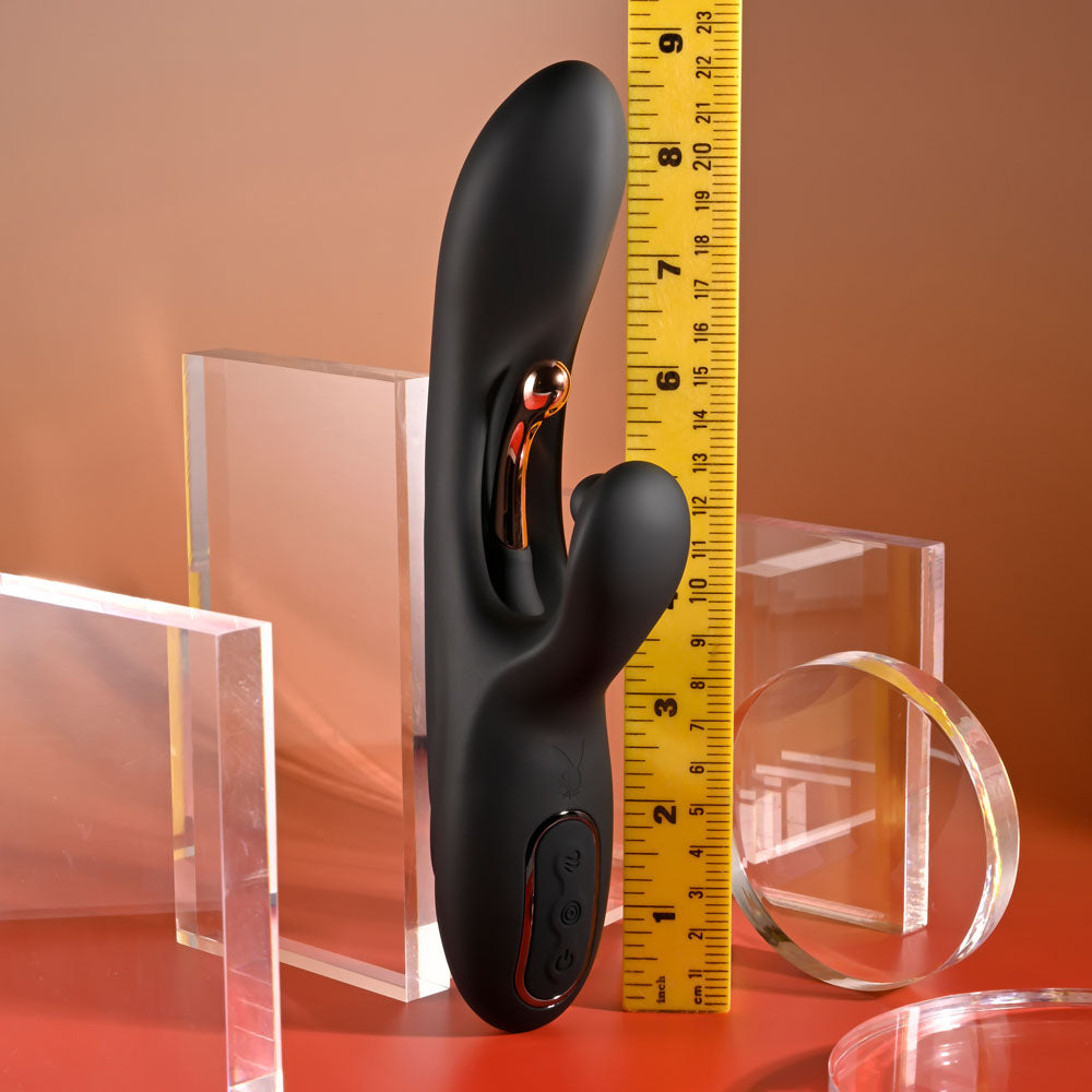 Playboy Pleasure AUREUS -  22.7 cm USB Rechargeable Rabbit Vibrator with Internal Flicker displayed next to a ruler.