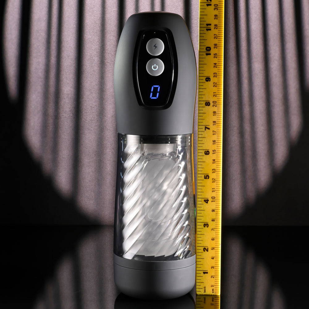 Playboy Pleasure WHIRLWIND - USB Rechargeable Thrusting and Spinning Auto Stroker showcased with measurement ruler.