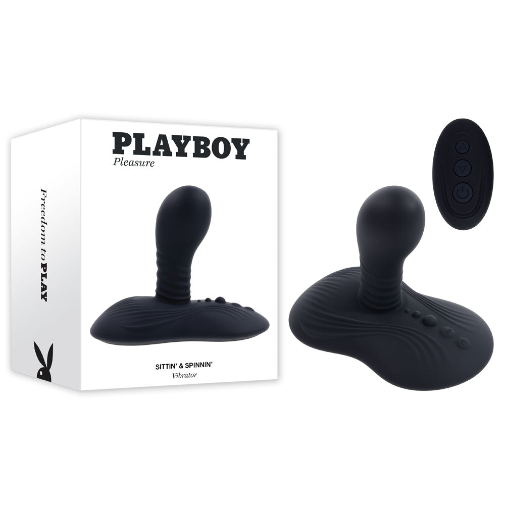 Playboy Pleasure SITTIN & SPINNIN - USB Rechargeable Spinning Vibrator & Grinder Pad with Remote on display.