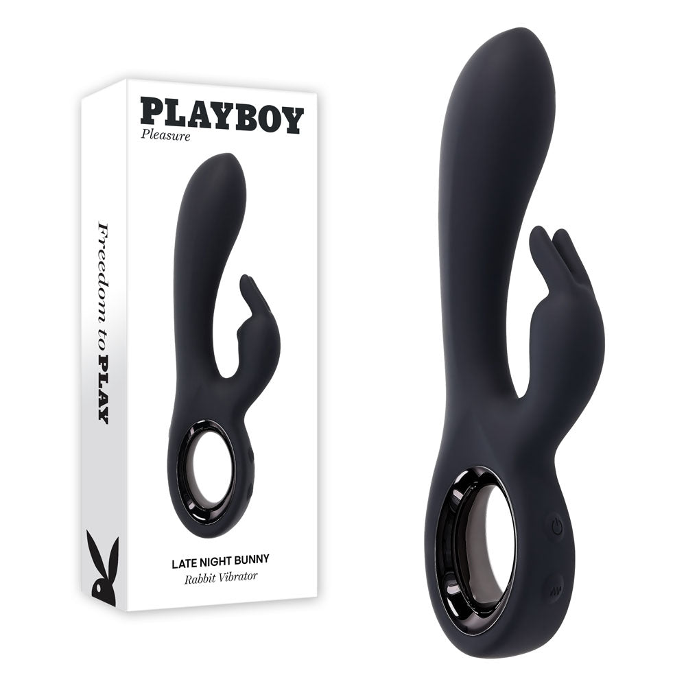 Playboy Pleasure Late Night Bunny - 20 cm USB rechargeable rabbit vibrator in sleek black silicone packaging.
