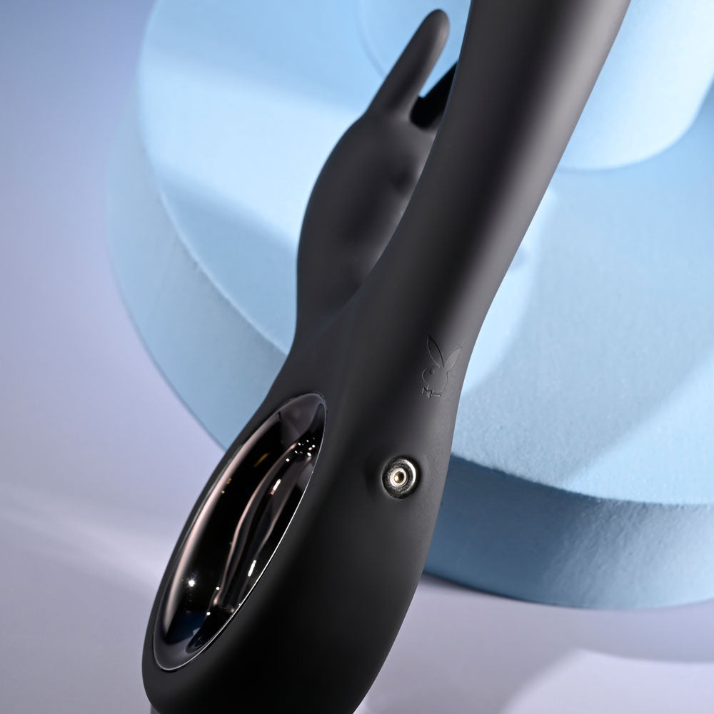 Playboy Pleasure LATE NIGHT BUNNY - 20 cm USB Rechargeable Rabbit Vibrator close up on sleek design with black silicone.