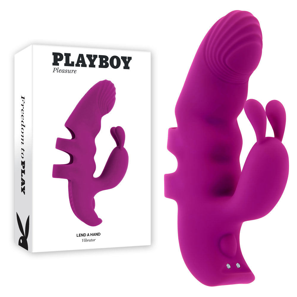 Playboy Pleasure LEND A HAND - USB Rechargeable Finger Vibrator in purple with packaging.