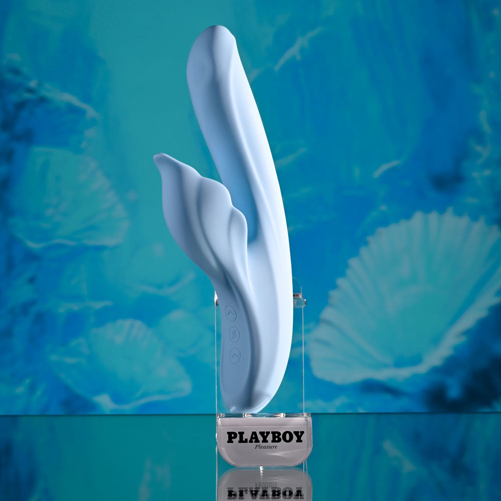 Playboy Pleasure IN BLOOM - 23.5 cm USB Rechargeable Thrusting Tapping & Heating Dual Vibrator displayed in a sleek design.