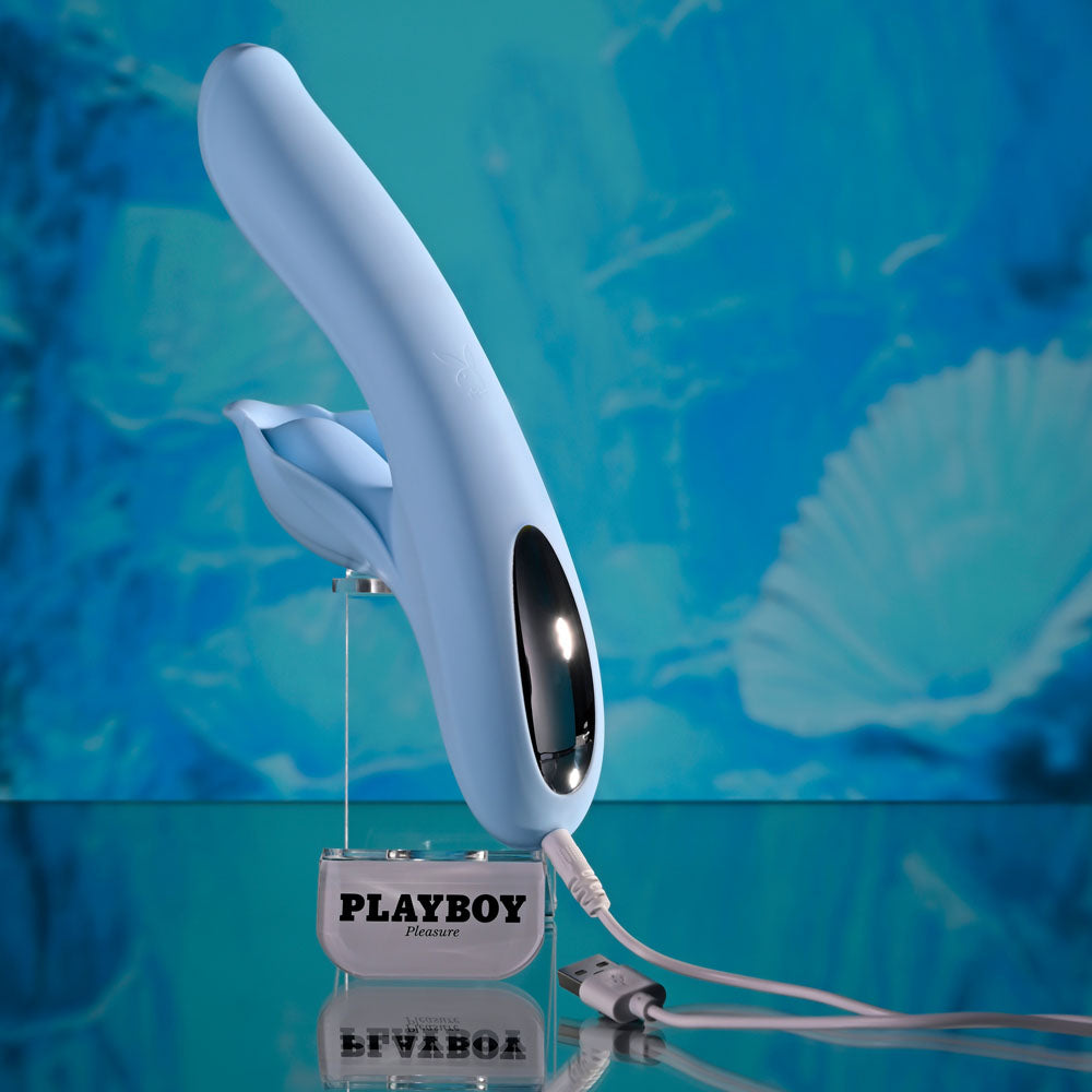 Playboy Pleasure IN BLOOM - 23.5 cm USB Rechargeable Thrusting Tapping & Heating Dual Vibrator on display.