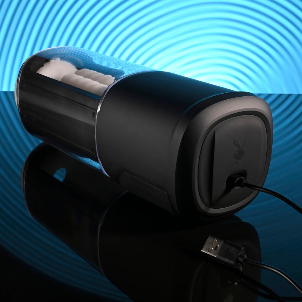 Playboy Pleasure SIDE PIECE - USB Rechargeable Warming Auto Stroker with soft pads and USB charging cable.