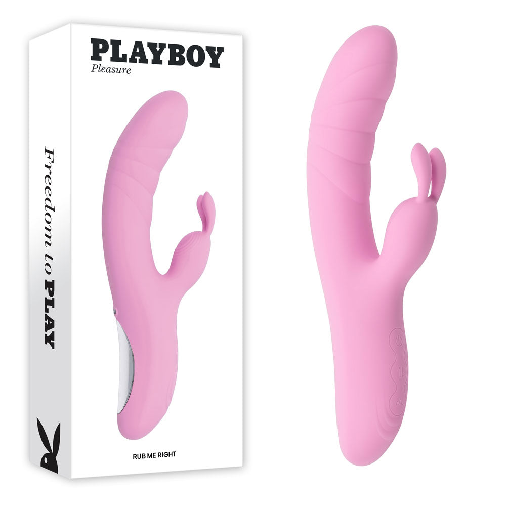 Playboy Pleasure RUB ME RIGHT - 23.2 cm USB Rechargeable Thrusting Rabbit Vibrator in pink packaging.