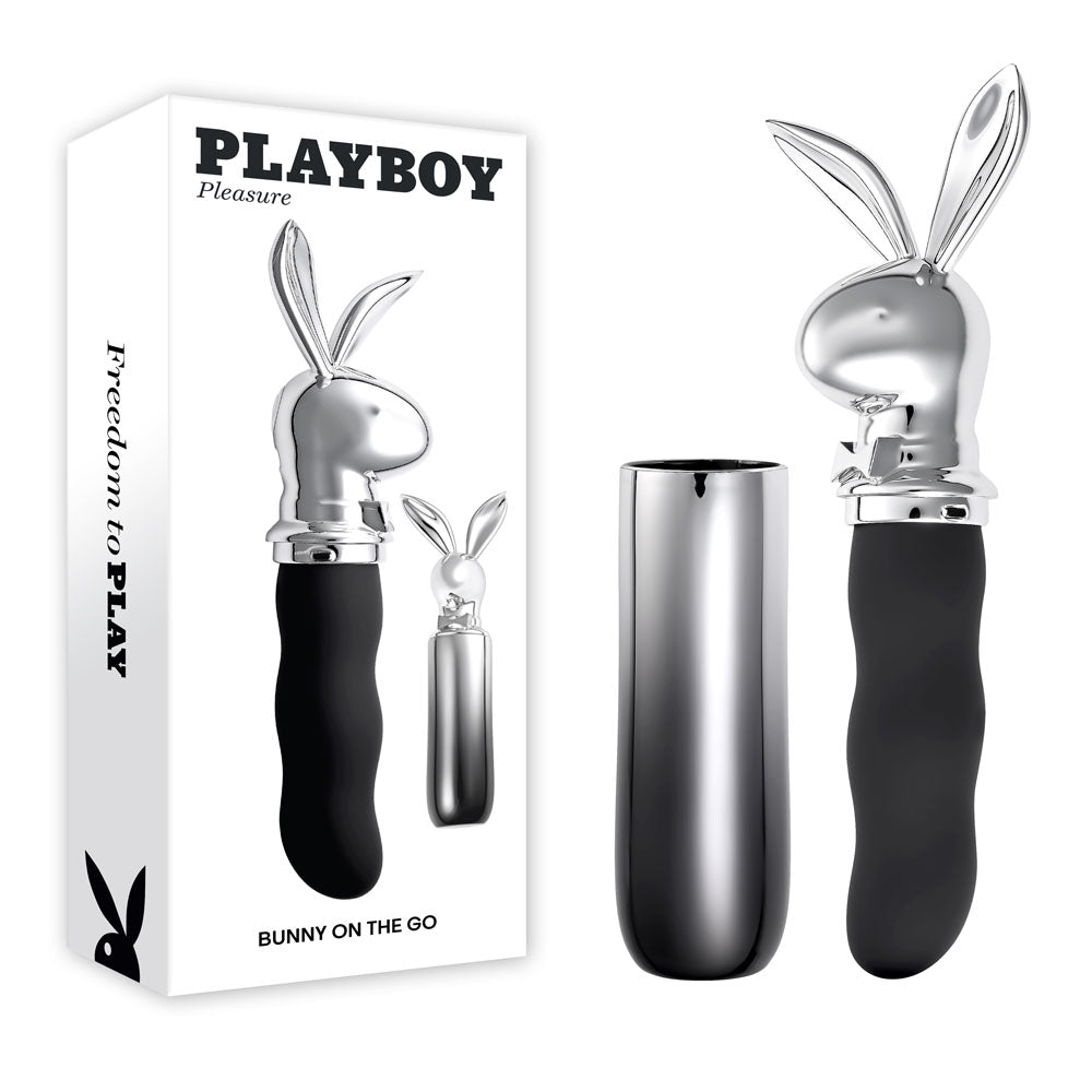 Playboy Pleasure BUNNY ON THE GO - /Chrome 18.6 cm USB-C Rechargeable Vibrator with sleek packaging.
