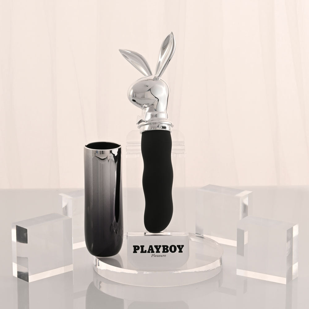 Playboy Pleasure BUNNY ON THE GO - /Chrome 18.6 cm USB-C Rechargeable Vibrator on display with sleek carrier.