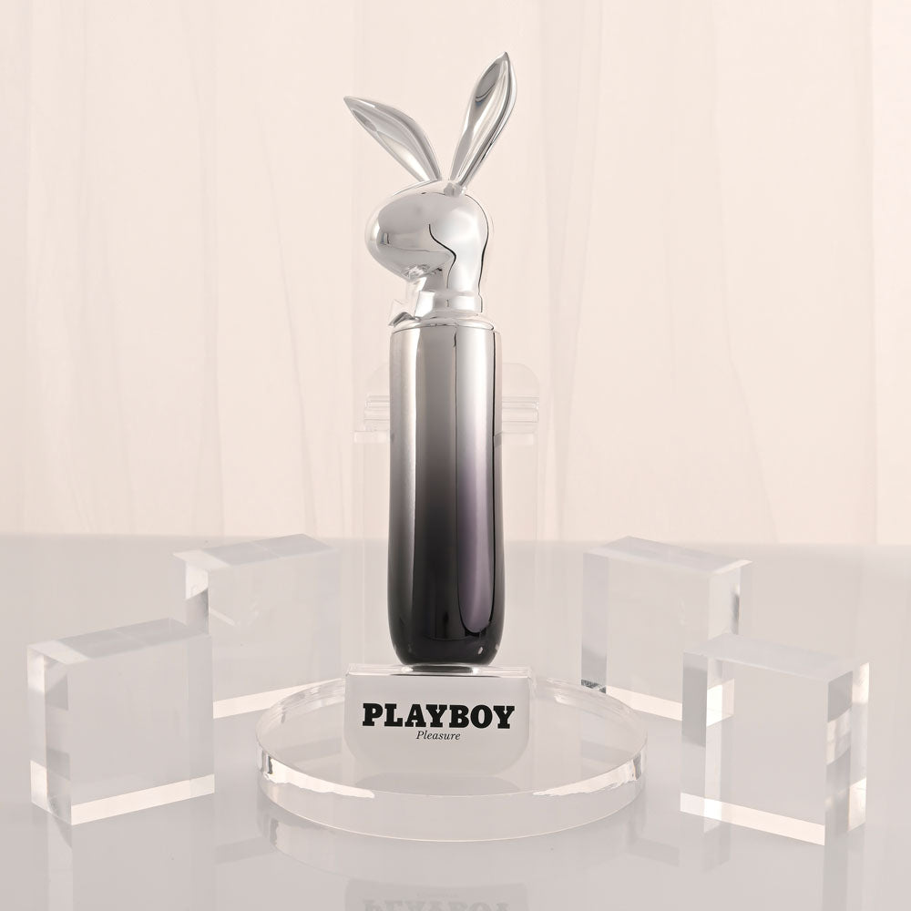 Playboy Pleasure BUNNY ON THE GO - /Chrome 18.6 cm USB-C Rechargeable Vibrator in sleek design, displayed on pedestal.