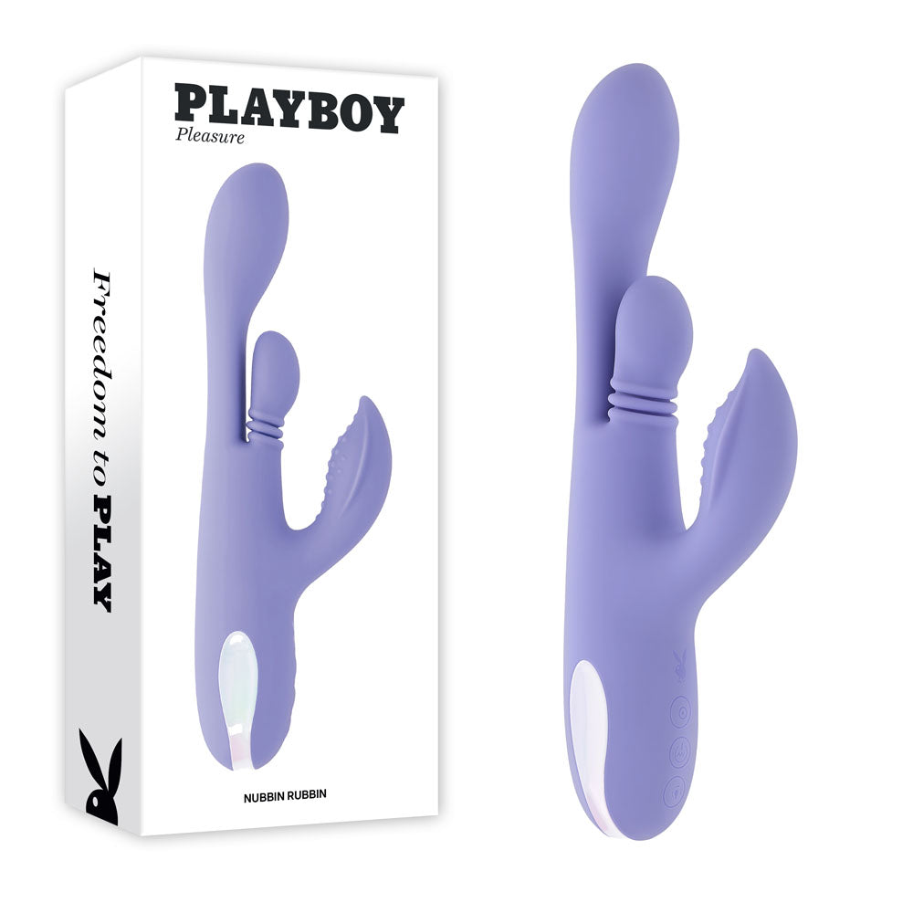Playboy Pleasure NUBBIN RUBBIN - 24.1 cm USB Rechargeable Thrusting Rabbit Vibrator in purple packaging.