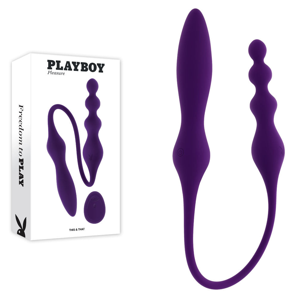 Playboy Pleasure THIS & THAT -  60 cm USB Rechargeable Flexible Dual Ended Vibrator in purple packaging.