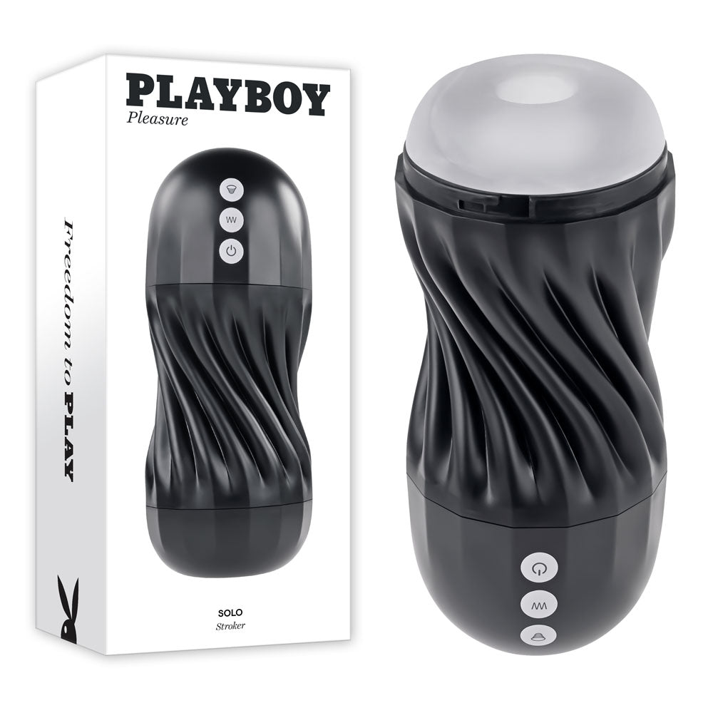 Playboy Pleasure SOLO - USB Rechargeable Vibrating and Sucking Stroker with textured design and control buttons.