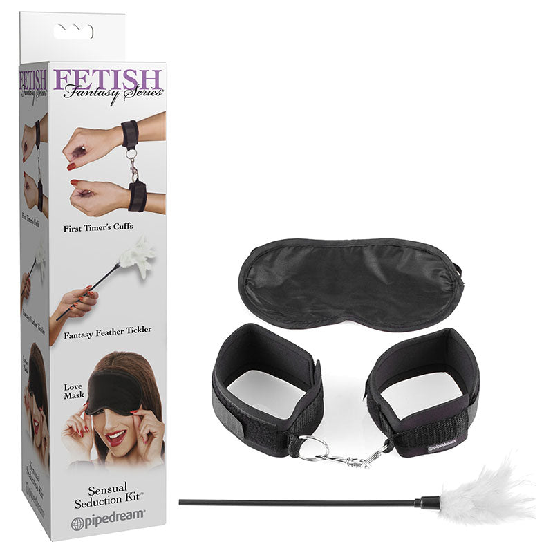 Fetish Fantasy Series Sensual Seduction Kit - 3 Piece Set, including cuffs, feather tickler, and love mask for intimate play.