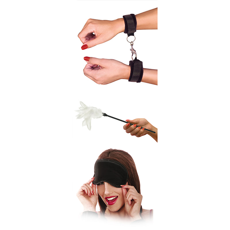Fetish Fantasy Series Sensual Seduction Kit - 3 Piece Set with cuffs, love mask, and feather tickler for intimate play.