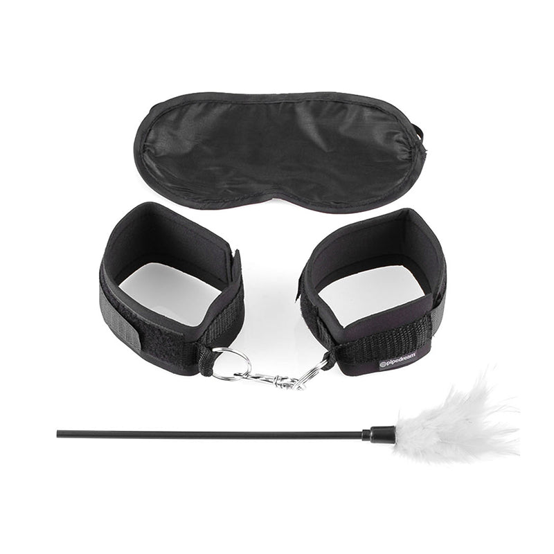 Fetish Fantasy Series Sensual Seduction Kit - 3 Piece Set featuring cuffs, blindfold, and feather tickler.