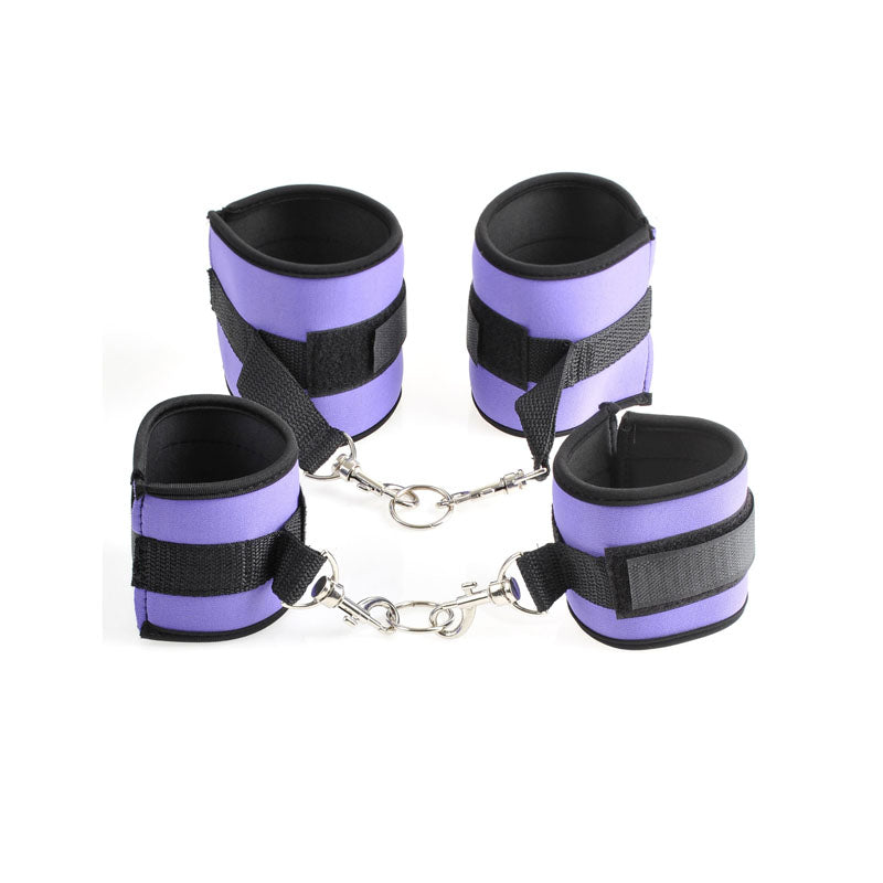Fetish Fantasy Series  Pleasure Bondage Set - 8 Piece Set featuring purple neoprene cuffs connected by metal clips.
