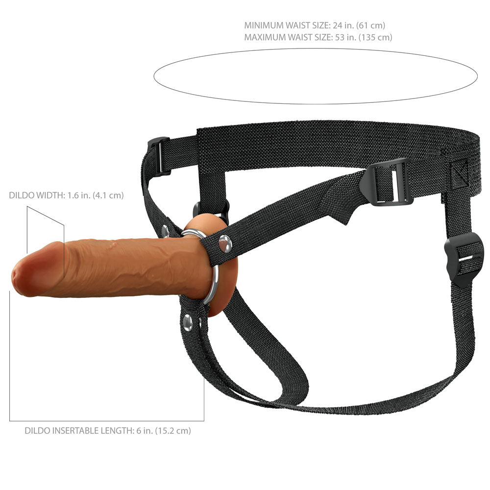 FX Elite 6'' Silicone Hollow Strap-On - Tan - Tan 15.2 cm Hollow Strap-On with adjustable harness and dimensions.