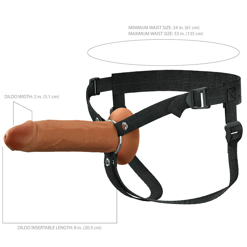 FX Elite 8'' Silicone Hollow Strap-On - Tan - Tan 20 cm Hollow Strap-On with adjustable harness and dimensions.