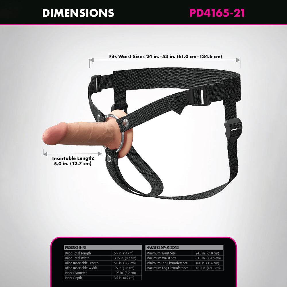 Fantasy X-Tensions Elite 5'' Silicone Hollow Strap-On -  -  14 cm Hollow Strap-On with harness dimensions image.