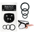 Basix Rubber Works Universal Harness with silicone rings for easy strap-on play, featuring the universal strap-on harness.