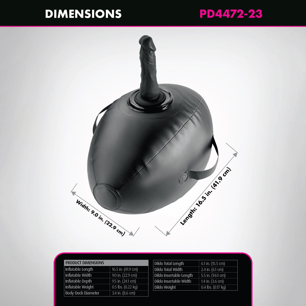 Fetish Fantasy Series Body Dock Inflatable Love Ball - Black Inflatable Cushion with Black 15.2 cm Dildo dimensions and specifications.