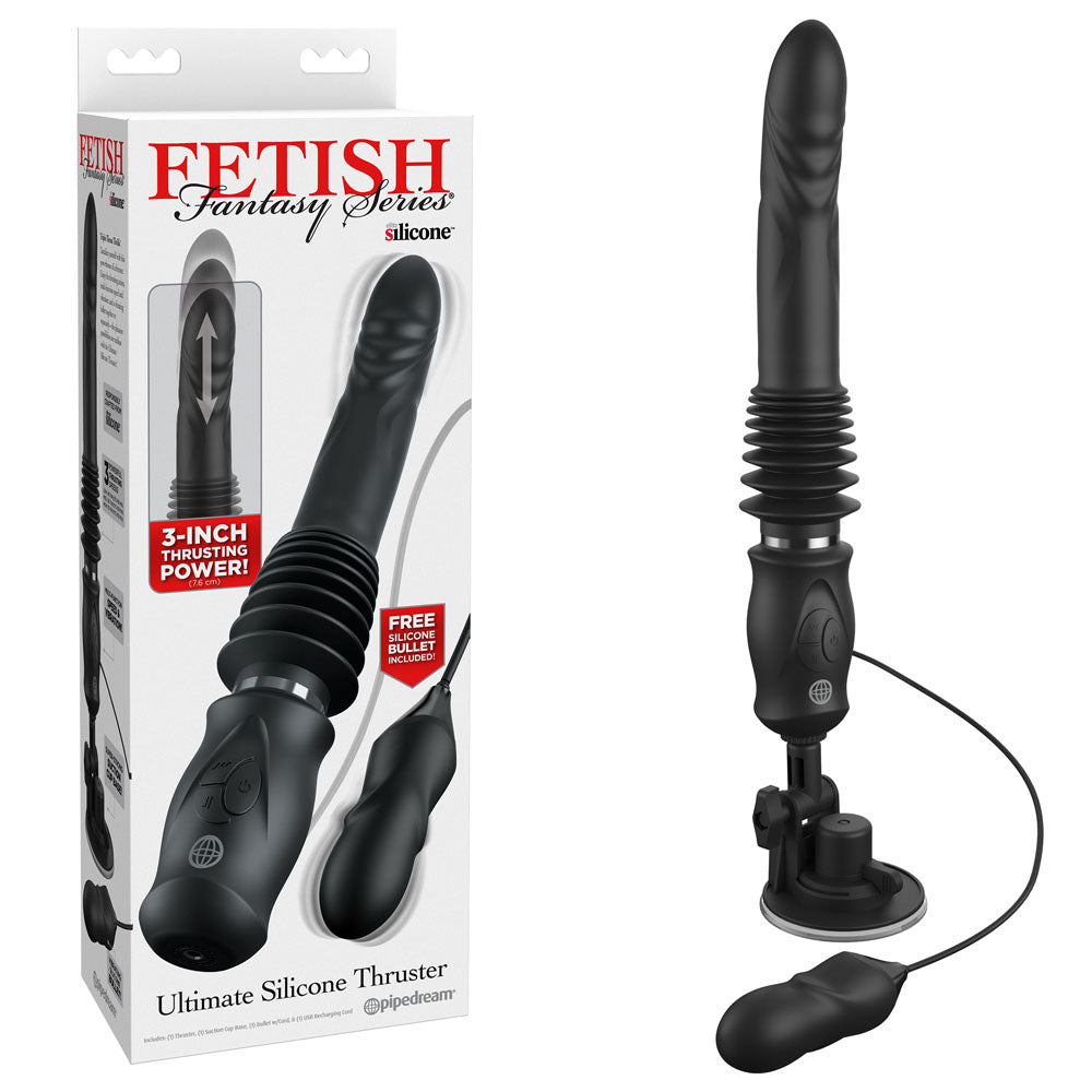 FFS Ultimate Silicone Thruster -  -  USB Rechargeable Thrusting Vibrator in packaging with bullet attachment.