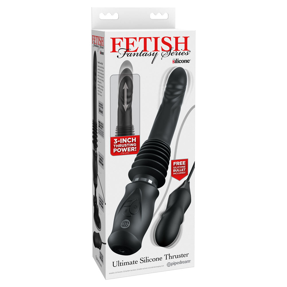 FFS Ultimate Silicone Thruster -  -  USB Rechargeable Thrusting Vibrator in packaging with features highlighted.