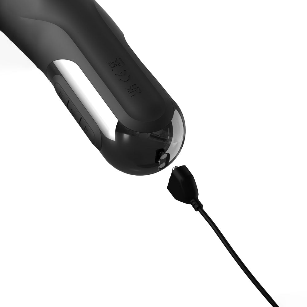 FFS Sonix Silicone Thruster - 22 cm USB Rechargeable Thrusting Vibrator with Flicking Clit Stim close-up view and charging cable.