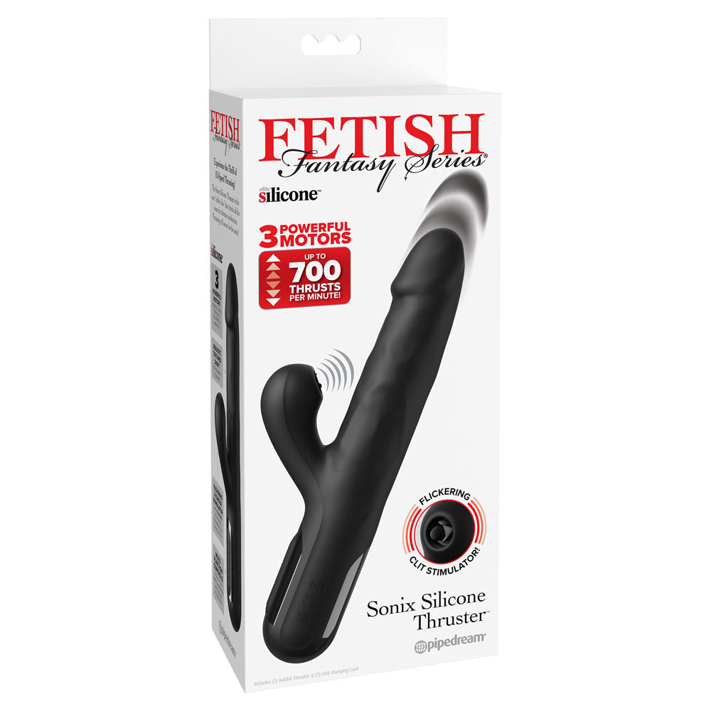 FFS Sonix Silicone Thruster - 22 cm USB Rechargeable Thrusting Vibrator with Flicking Clit Stim packaging image.