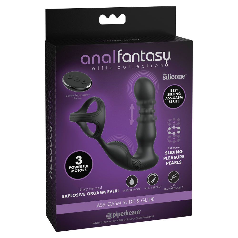 Anal Fantasy Elite Ass-Gasm Slide & Glide packaging featuring USB rechargeable prostate massage toy with pleasure pearls.
