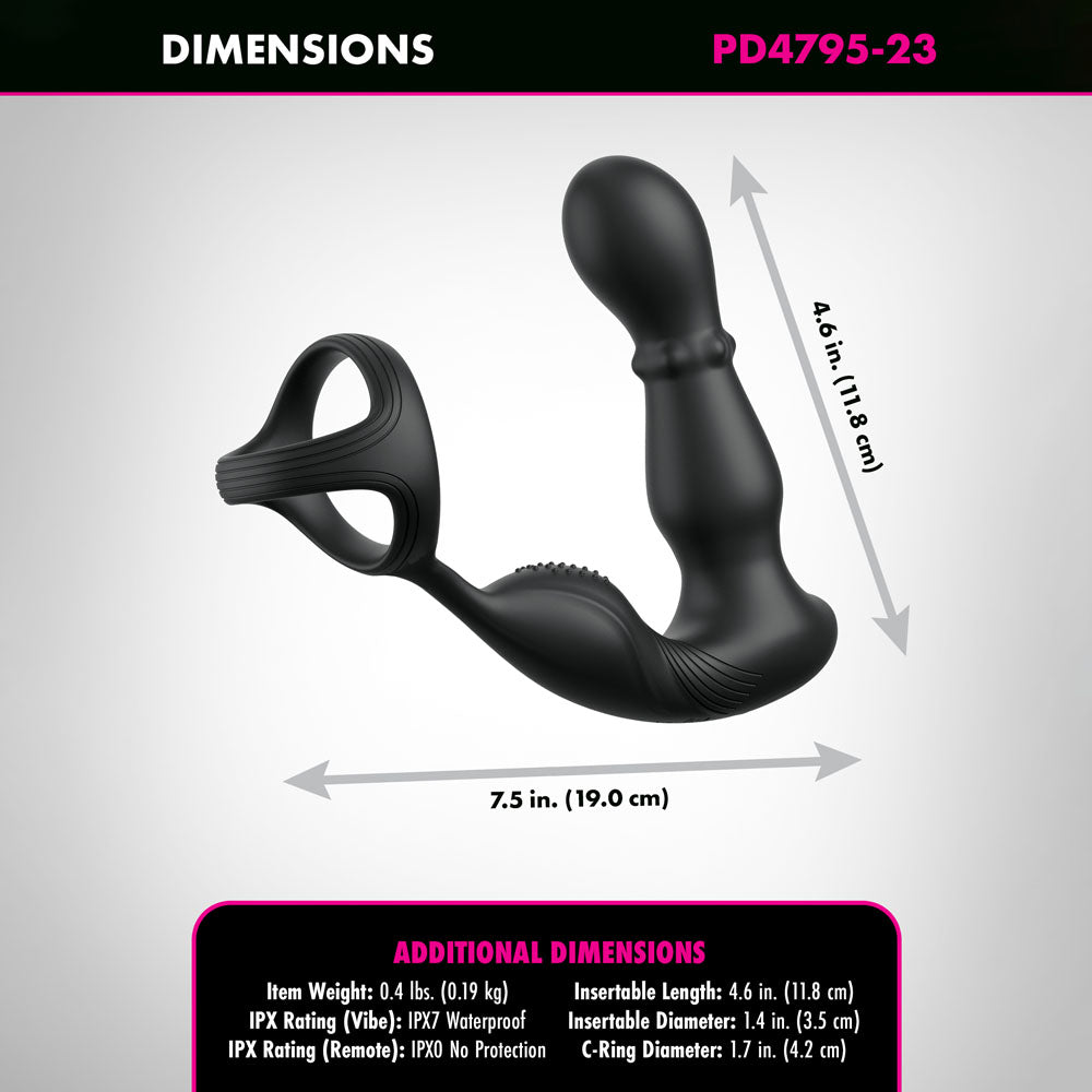 Dimensions of USB rechargeable prostate massage toy with cock ring including measurements.