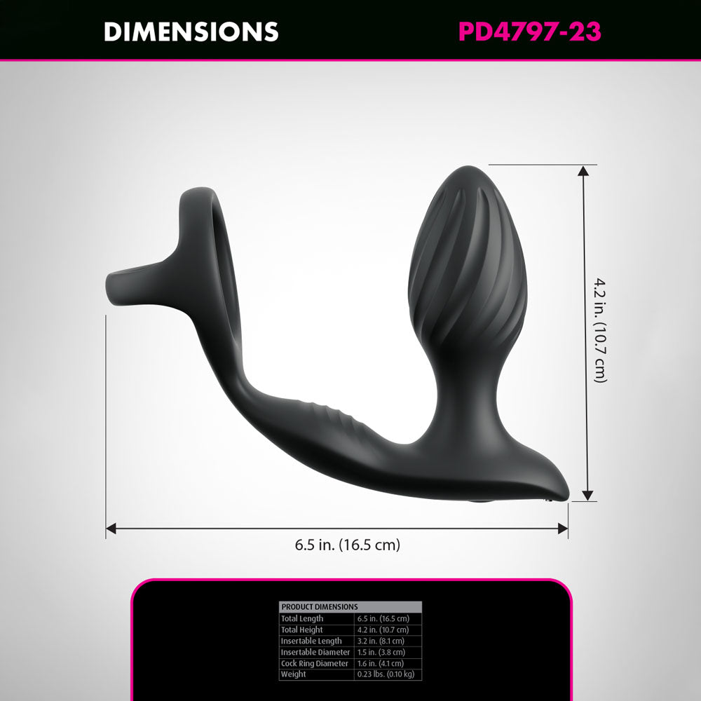 Anal Fantasy Elite Ass-Gasm Gyro-Milk Pro - USB Rechargeable Gyrating Butt Plug with Cock Ring dimensions chart