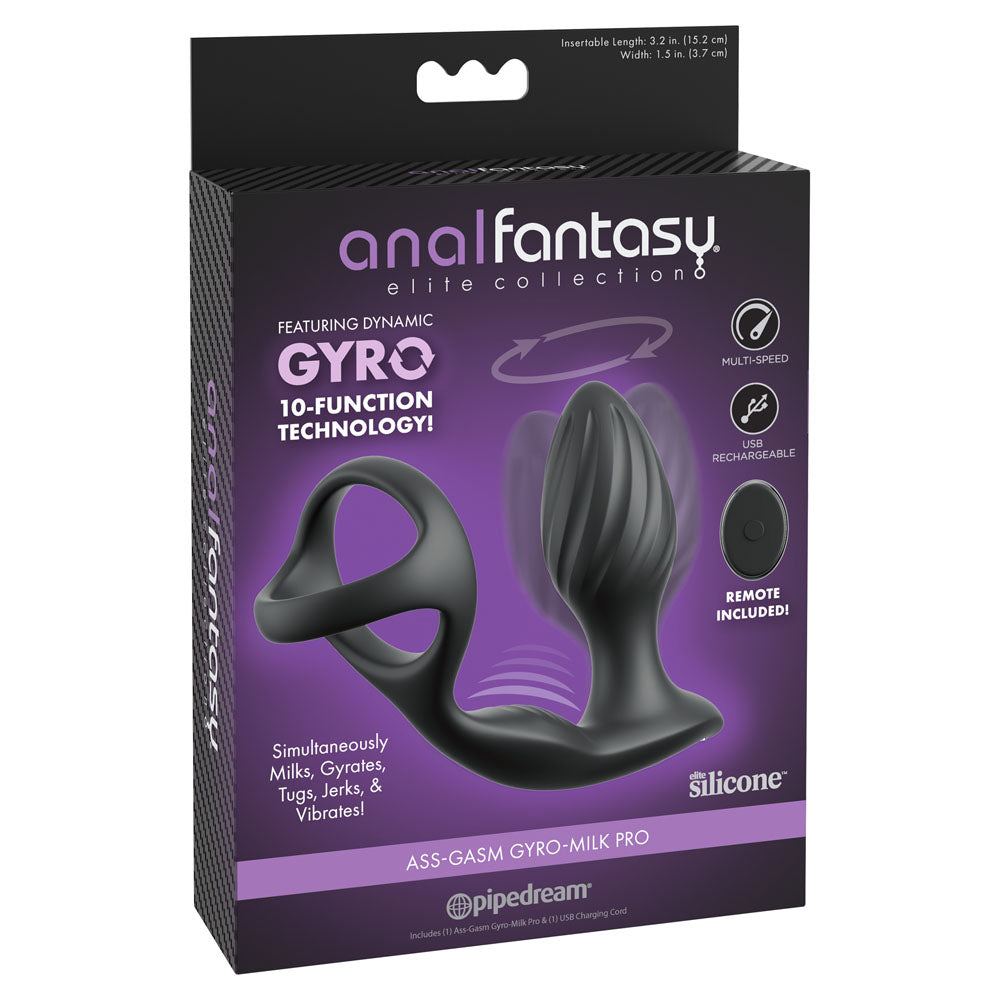 Anal Fantasy Elite Ass-Gasm Gyro-Milk Pro - USB Rechargeable Gyrating Butt Plug with Cock Ring packaging and design