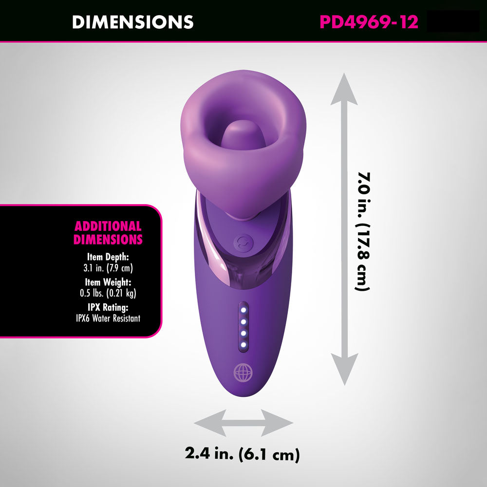 Fantasy For Her Pleasure Sucker -  USB Rechargeable Sucking, Licking & Vibrating Stimulator dimensions showing depth, weight, and water resistance.