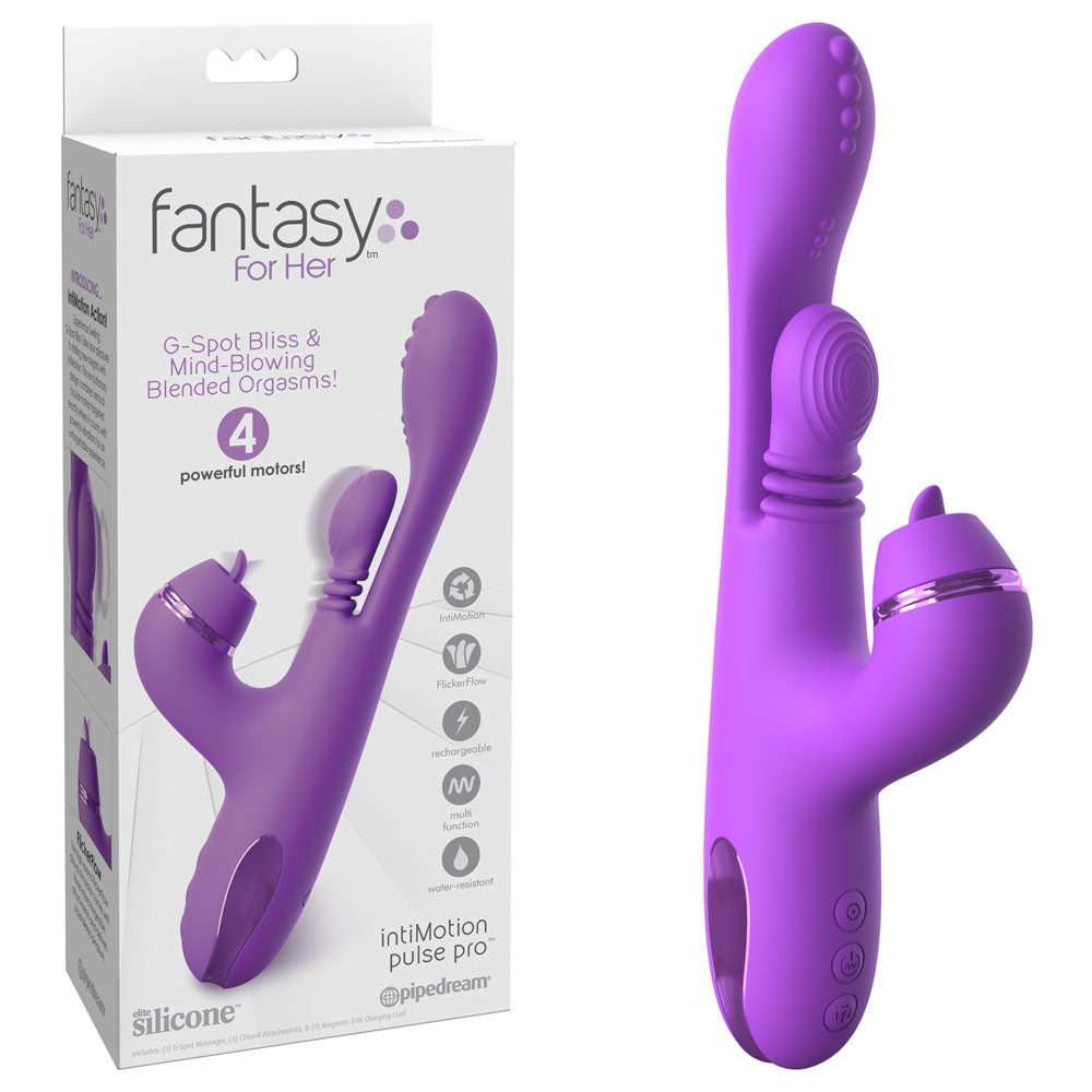 Fantasy For Her IntiMotion Pulse Pro - 24 cm USB Rechargeable Swirling & Flicking Rabbit Vibrator in packaging with features.